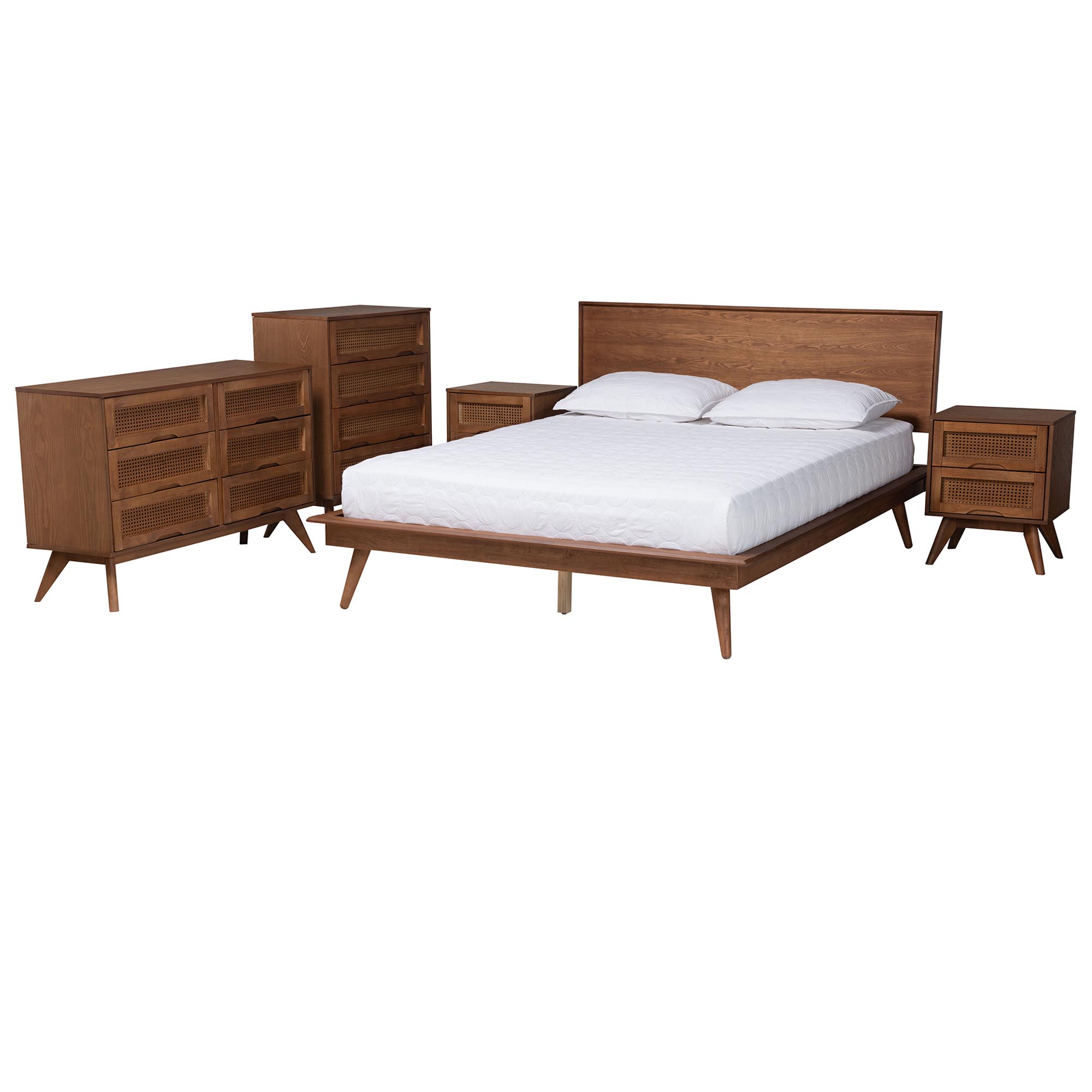 Baxton Studio Melora Mid-Century Modern Walnut Brown Finished Wood and Rattan Queen Size 5-Piece Bedroom Set